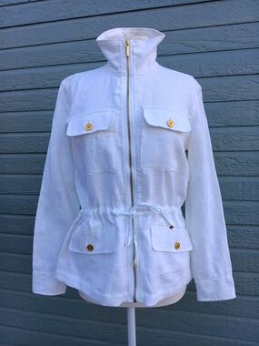 Chaps White Utility Zip-Front Drawstring Jacket with Gold Buttons And Zipper